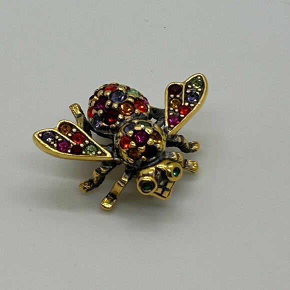 Joan Rivers Signed Bee Brooch Jewel Tone Rhinestone Vintage Gold Tone Insect Pin - Picture 3 of 11